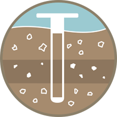 An illustration of a soil probe in cross-section, showing layers of soil and water above.